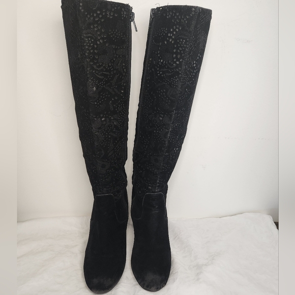 Black Velvet Lace High Heel Boots - Picture 3 of 15